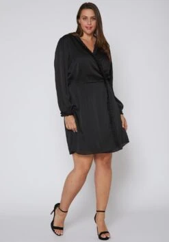 Nurode Plus Size Ruffle Trim Long Sleeve Wrap Dress