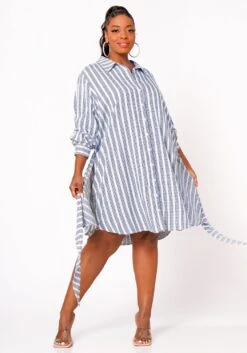 Nurode Plus Size Lace Trim Wrapped Shirt Dress