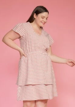 Pleione Plus Size Puff Shoulder Ruffle Checkered Dress