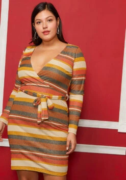 Asoph Plus Size V-Neck Multi Colored Tie Front Dress