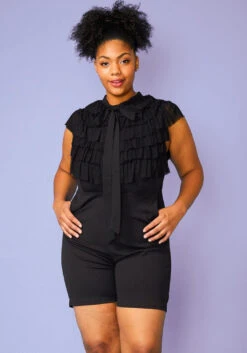 Plus Size Ruffle Front Tie Neck Romper