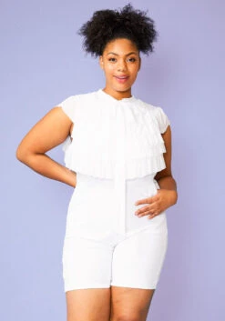 Plus Size Ruffle Front Tie Neck Romper