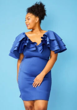 Plus Size Layered Ruffle Shoulder Party Dress