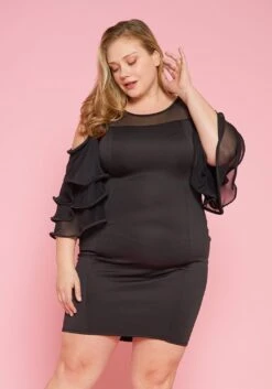 Asoph Plus Size Mesh Contrast Party Bodycon Dress