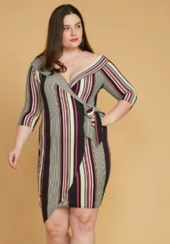 Plus Size Stripe Wrap Midi Dress
