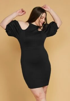 Plus Size Shoulder Cutout Puff Sleeve Dress