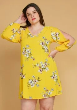 Asoph Plus Size Slit Sleeve Floral Tunic Dress