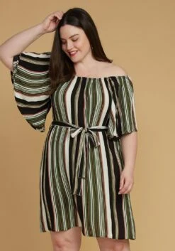 Asoph Plus Size Stripe Bell Sleeve Casual Dress