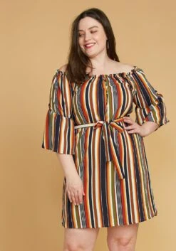 Asoph Plus Size Stripe Off Shoulder Casual Dress