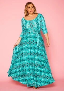 Plus Size Snake Print Fit & Flare Maxi Dress