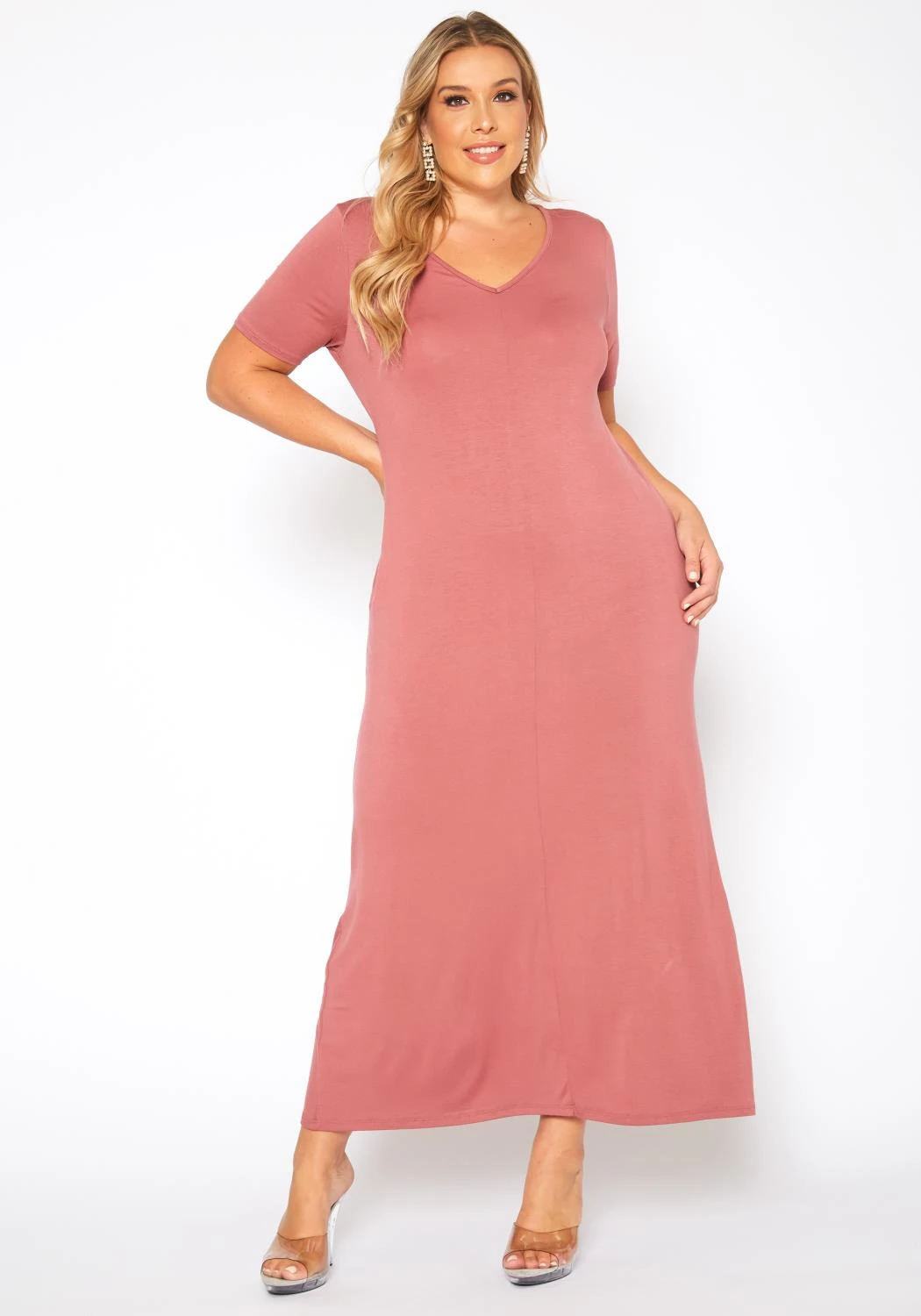 Plus Size V-Neck Short Sleeve Maxi Dress With Pockets