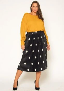 Pleione Plus Size Pleated Polkadot Midi Skirt