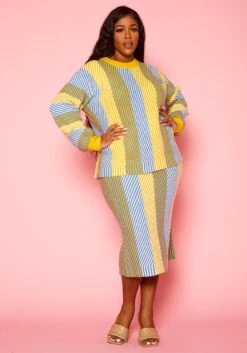 Pleione Plus Size Multi Stripe Midi Knit Skirt