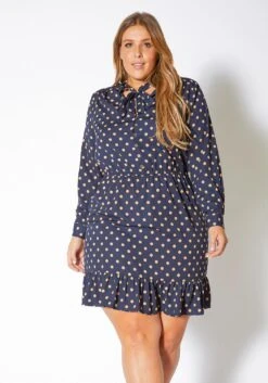 Pleione Plus Size Polka Dot Tie Neck Dress