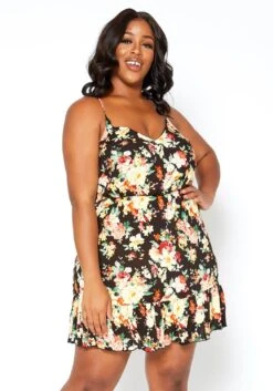 Asoph Plus Size Floral Print Crosslace Back Mini Dress