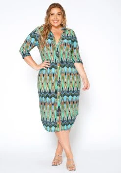 Asoph Plus Size 70s Boho Print Collar Midi Dress