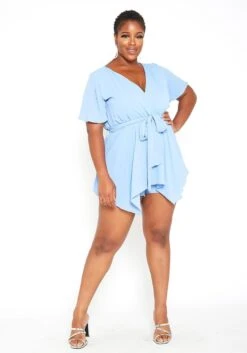 Asoph Plus Size Asymmetric Overlay Periwinkle Romper