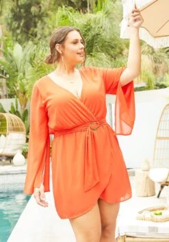 Asoph Plus Size Flowy Red Long Sleeve Mini Dress