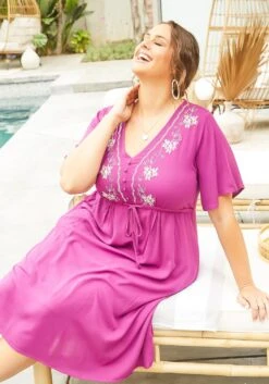 Asoph Plus Size Floral Embroidered Magenta Flare Midi Dress