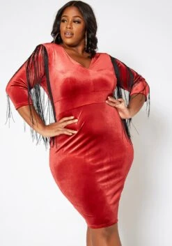 Asoph Plus Size Tassel Fringe Velvet Bodycon Mini Dress