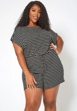 Asoph Plus Size Striped Relaxed Fit Romper