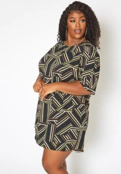 Asoph Plus Size Geometrical Striped Tee Shirt Mini Dress