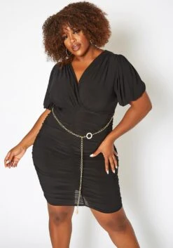 Asoph Plus Size Ruched Bodycon Mini Dress With Waist Chain