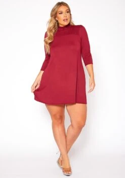 Asoph Plus Size Smocked Detail Mock Neck Mini Dress