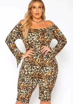 Asoph Plus Size Leopard Print Off Shoulder Romper