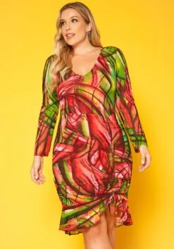 Plus Size Abstract Color Print Flare Mini Dress