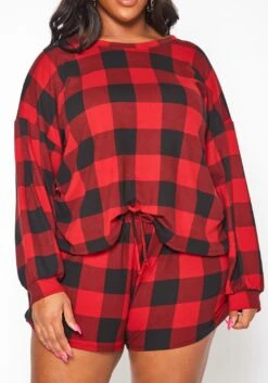 Plus Size Checker Plaid Lounge Two Piece Set