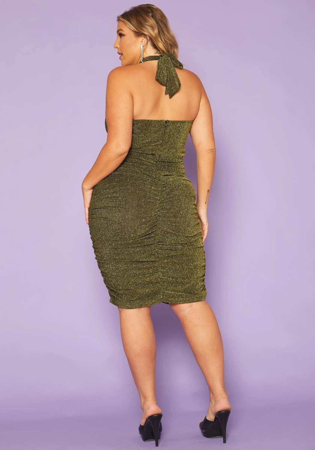 Plus Size Golden Shimmer Halter Neck Midi Dress - Image 4