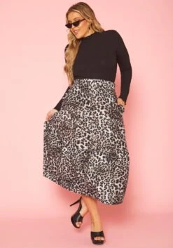 Plus Size Leopard Print Flare Maxi Skirt
