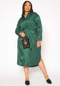 Plus Size Satin Button Front Midi Dress