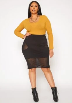 Plus Size Mesh Cut Out Bodycon Skirt
