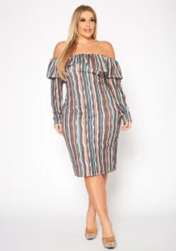 Plus Size Multi Striped Off Shoulder Dress