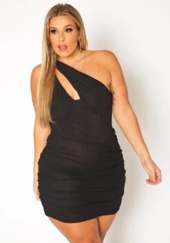 Plus Size Bustier Asymmetric Sleeve Mini Dress