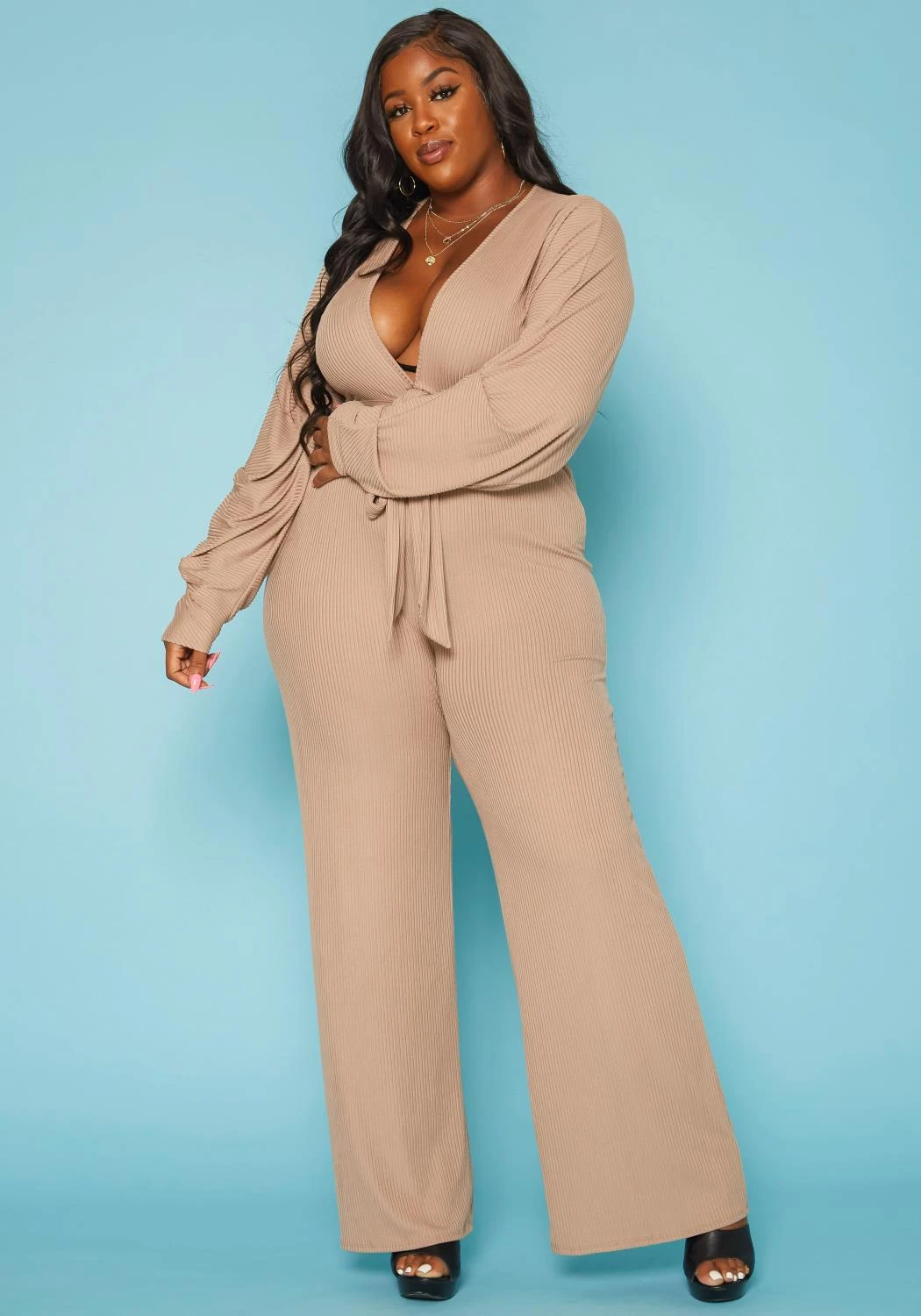 Plus Size Ribbed Deep V Neck Flare Jumpsuit