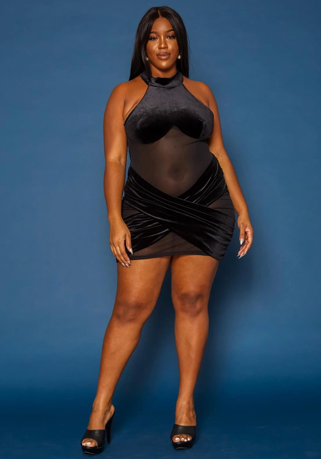 Plus Size Velvet Mesh Contrast Bodycon Mini Dress - Image 2