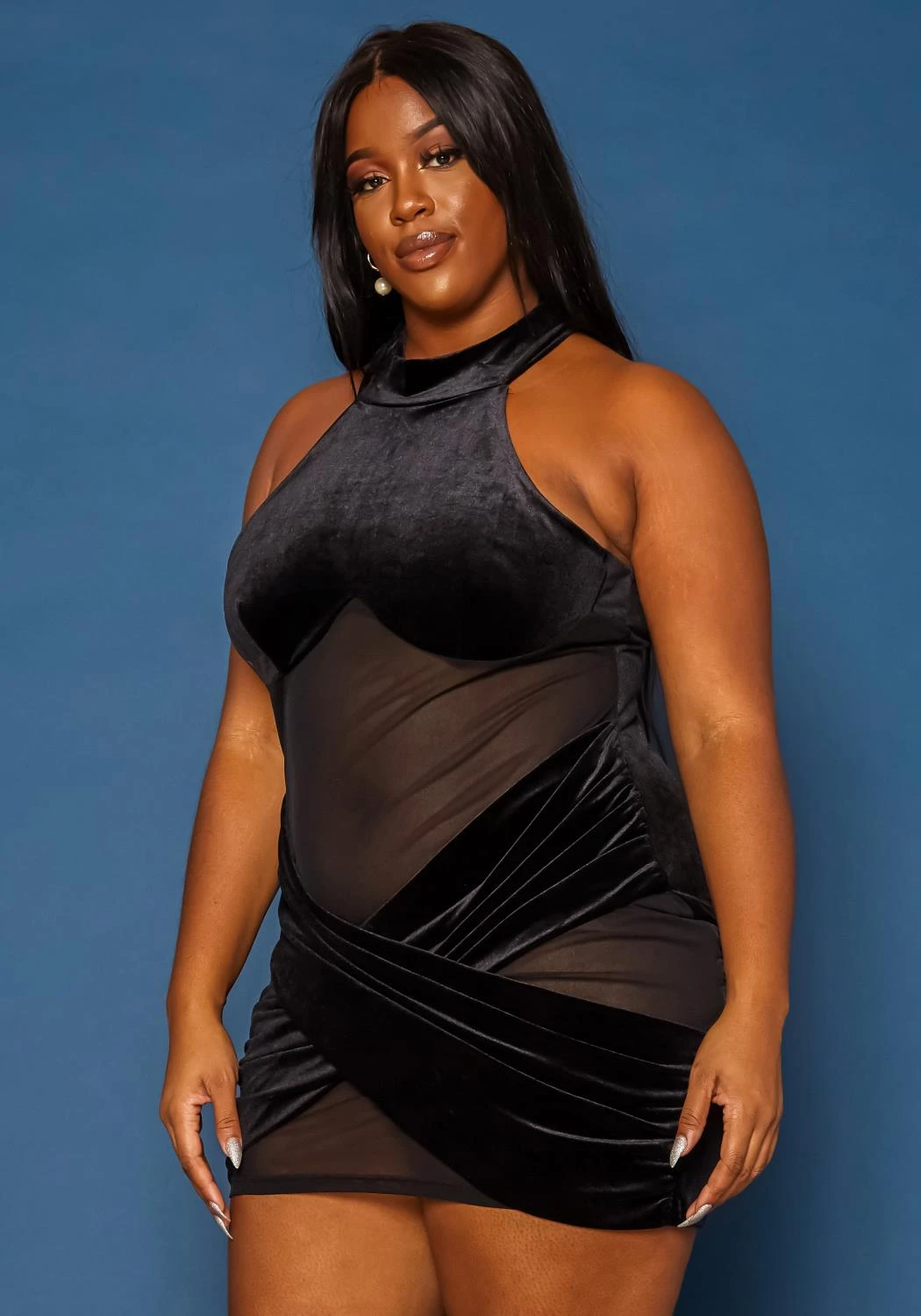 Plus Size Velvet Mesh Contrast Bodycon Mini Dress - Image 3