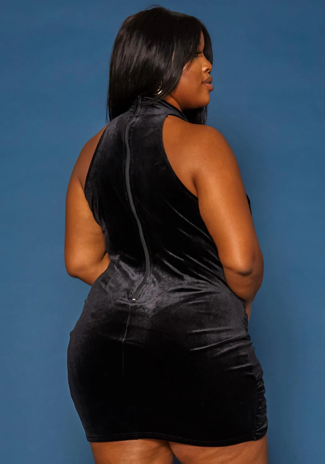 Plus Size Velvet Mesh Contrast Bodycon Mini Dress - Image 4