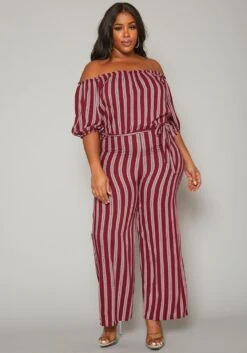 Plus Size Off Shoulder Stripe Jumpsuit