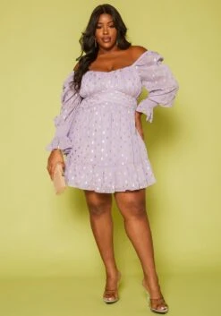 Plus Size Polka Dot Off Shoulder Mini Dress