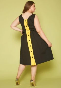 Plus Size Yellow Trim Fit & Flare Mini Dress