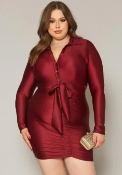 Plus Size Slinky Collar Neck Bodycon Mini Dress
