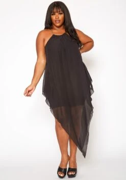Plus Size Asymmetric Chiffon Flare Dress