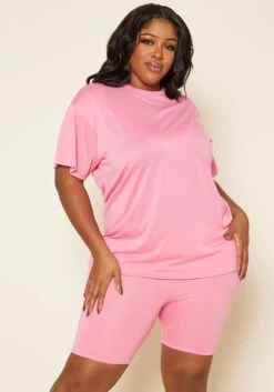 Plus Size Neon Basic Tee Shirt & Biker Shorts Set