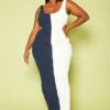 Plus Size Ribbed Two-Tone Color Cut Out Maxi Dress