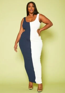 Plus Size Ribbed Two-Tone Color Cut Out Maxi Dress
