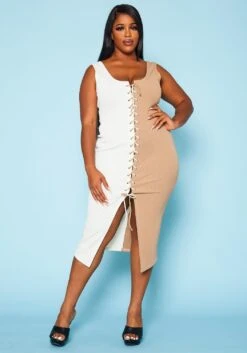 Plus Size Ribbed Two Tone Lace Up Midi Dress